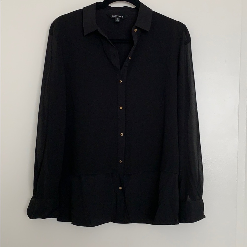 Black silky blouse with sheer sleeves